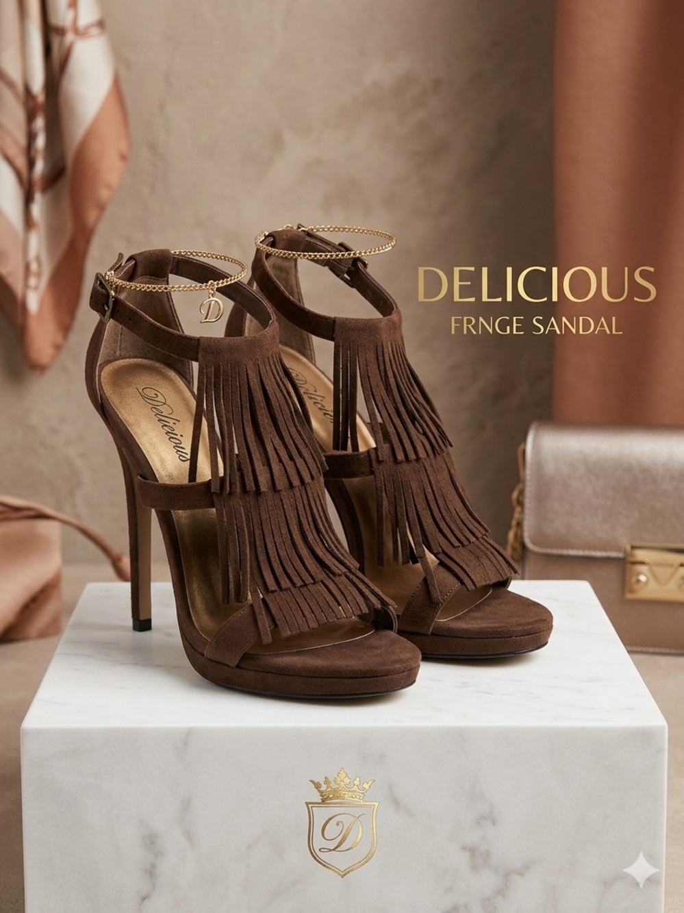 Delicious Brown Suede Multi-Tiered Fringe High Heel Sandals Size 9